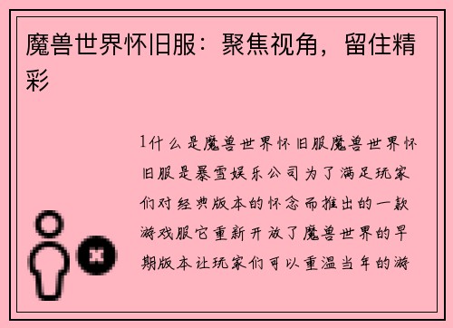 魔兽世界怀旧服：聚焦视角，留住精彩